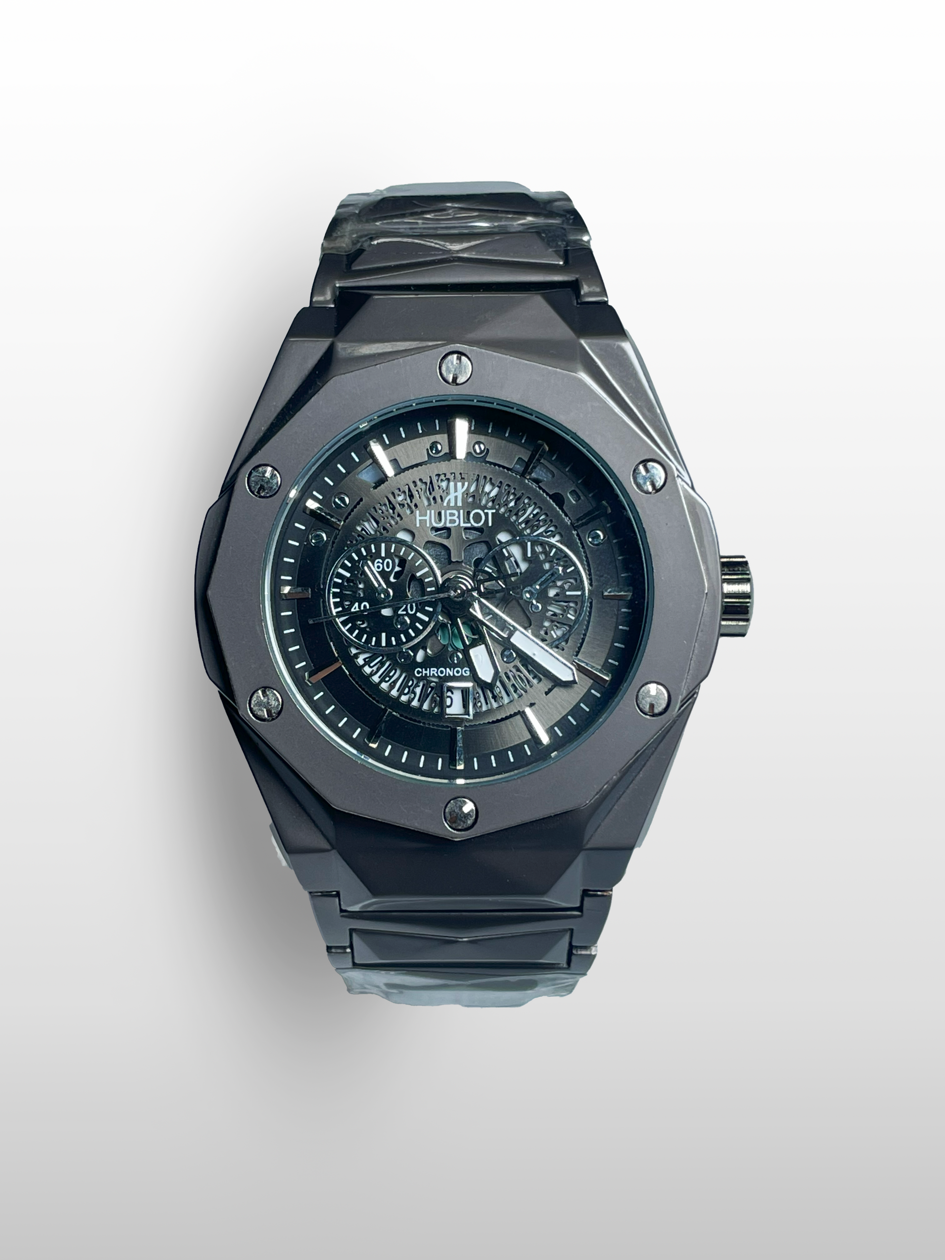 Hublot Diamond Cut – Luxury Skeleton Dial Men’s Watch with Stainless Steel Case & Black Steel Strap