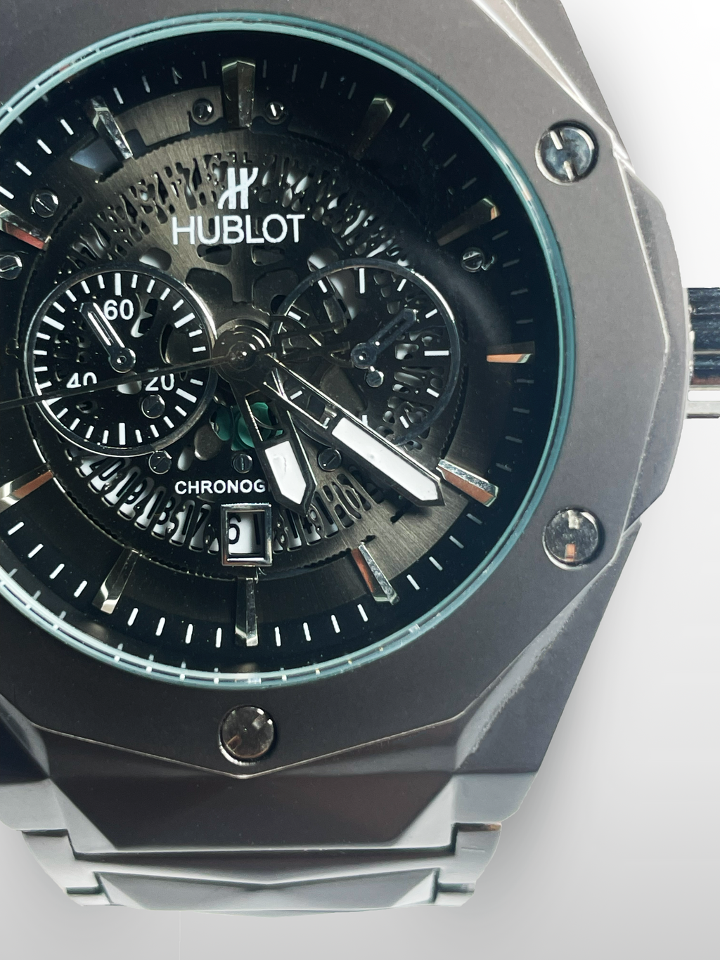 Hublot Diamond Cut – Luxury Skeleton Dial Men’s Watch with Stainless Steel Case & Black Steel Strap
