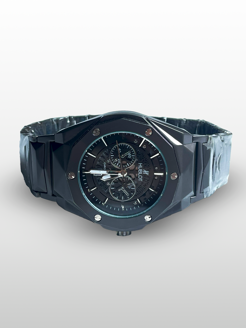 Hublot Diamond Cut – Luxury Skeleton Dial Men’s Watch with Stainless Steel Case & Black Steel Strap