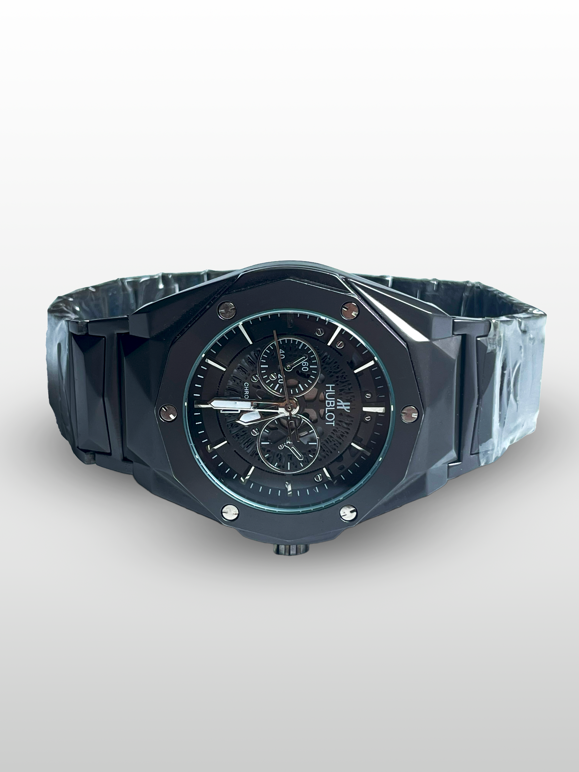 Hublot Diamond Cut – Luxury Skeleton Dial Men’s Watch with Stainless Steel Case & Black Steel Strap